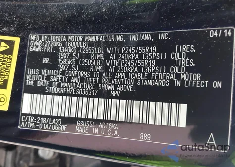 2014 Toyota Highlander Limited V6 z USA, uszkodzony, nr VIN 5TDDKRFH7ES036317